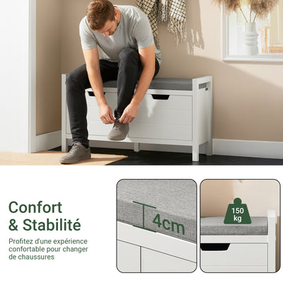 SoBuy FSR63-II-W Banc de Pantofi cu Pernă Căptușită și 2 Uși, Mobilier de Hol – 91x30x50 cm, Alb