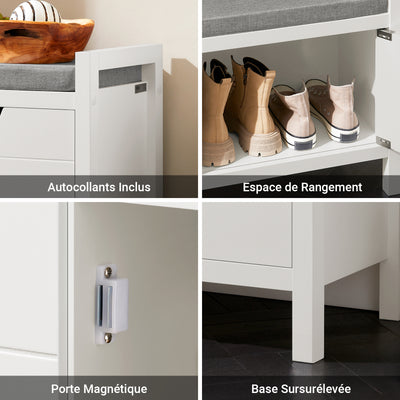 SoBuy FSR63-II-W Banc de Pantofi cu Pernă Căptușită și 2 Uși, Mobilier de Hol – 91x30x50 cm, Alb