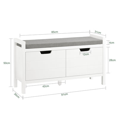 SoBuy FSR63-II-W Banc de Pantofi cu Pernă Căptușită și 2 Uși, Mobilier de Hol – 91x30x50 cm, Alb