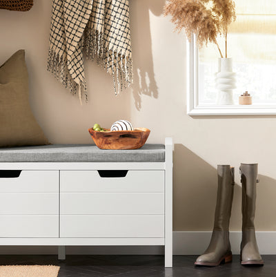 SoBuy FSR63-II-W Banc de Pantofi cu Pernă Căptușită și 2 Uși, Mobilier de Hol – 91x30x50 cm, Alb