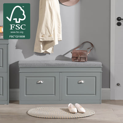 SoBuy FSR64-HG Banc pentru Pantofi 104cm – 2 Uși cu Rabat, Pernă Detașabilă, 150kg, Certificat FSC®, Subțire 24cm – Gri