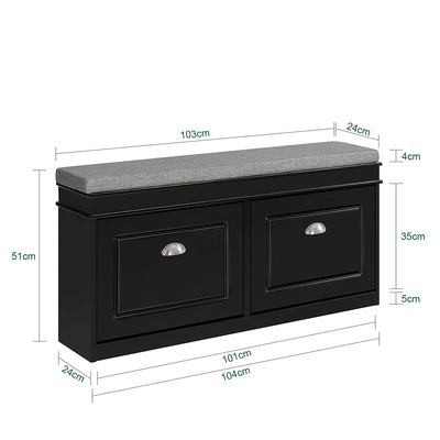 SoBuy FSR64-SCH Banc pentru pantofi cu 2 compartimente rabatabile și pernă căptușită, Cutie de depozitare pentru intrare – 104x24x51 cm, Negru