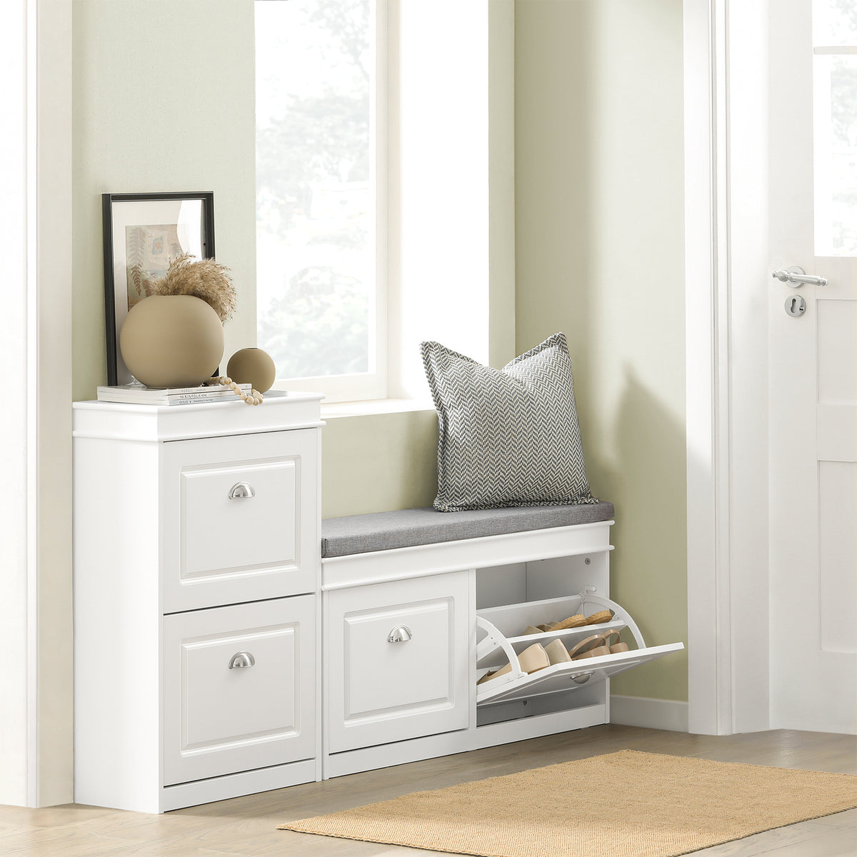 SoBuy FSR64-W Banc pentru Pantofi 104 cm – 8 Perechi, Pernă Lavabilă, Subțire 24 cm, FSC®, Alb
