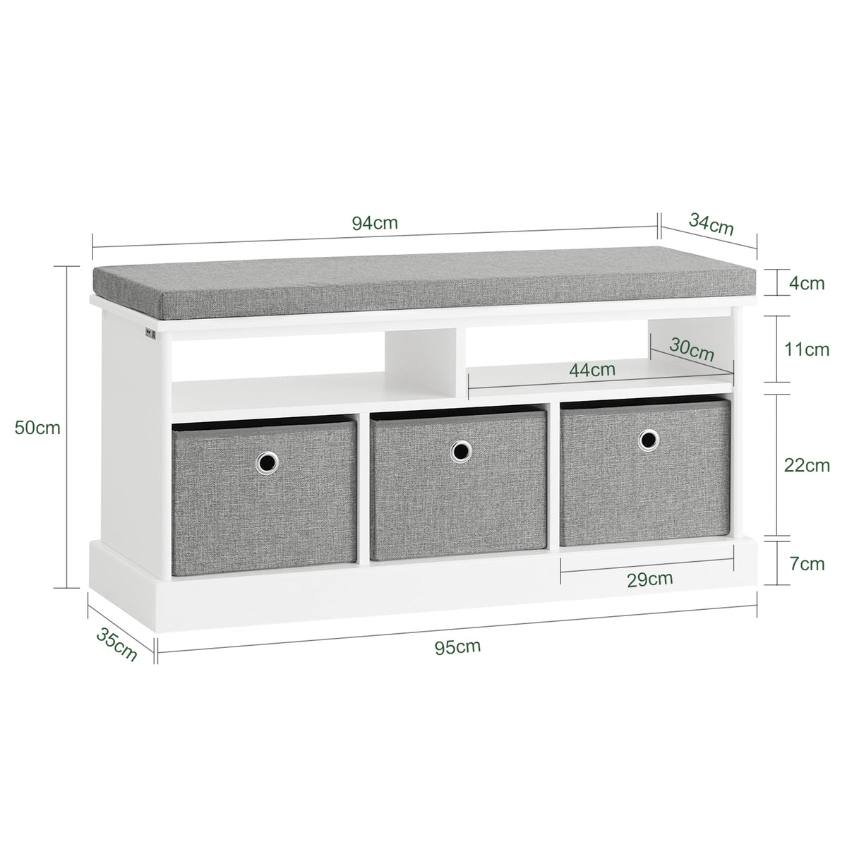 SoBuy FSR67-HG Banc pentru Pantofi cu Pernă Căptușită, 2 Compartimente și 3 Coșuri pentru Hol – 96x35x50 cm, Gri