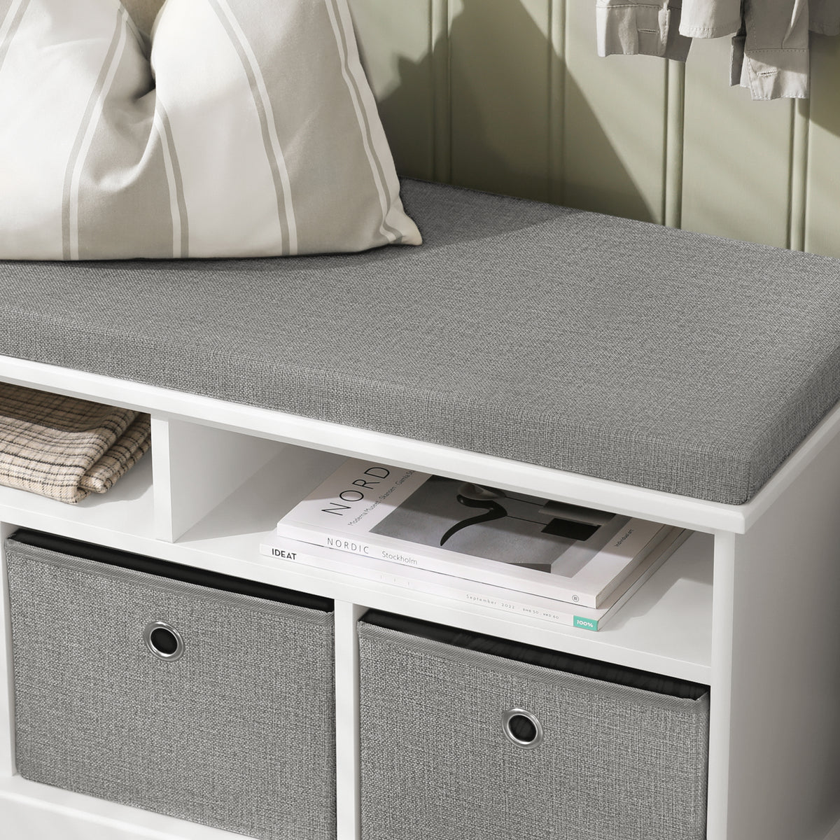 SoBuy FSR67-HG Banc pentru Pantofi cu Pernă Căptușită, 2 Compartimente și 3 Coșuri pentru Hol – 96x35x50 cm, Gri