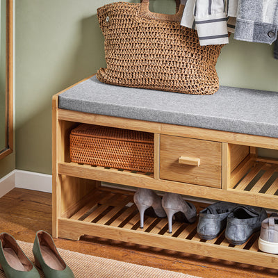 SoBuy FSR75-N Banc à Chaussures avec Tiroir et Assise, Étagère de Rangement pour Entrée Couloir – 91x34x45 cm, Naturel