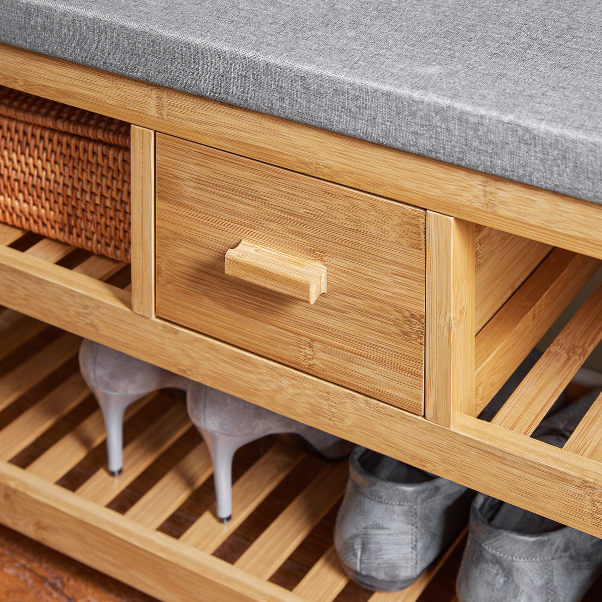 SoBuy FSR75-N Banc à Chaussures avec Tiroir et Assise, Étagère de Rangement pour Entrée Couloir – 91x34x45 cm, Naturel
