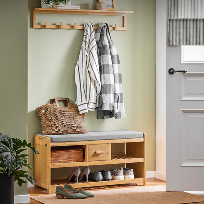 SoBuy FSR75-N Banc à Chaussures avec Tiroir et Assise, Étagère de Rangement pour Entrée Couloir – 91x34x45 cm, Naturel