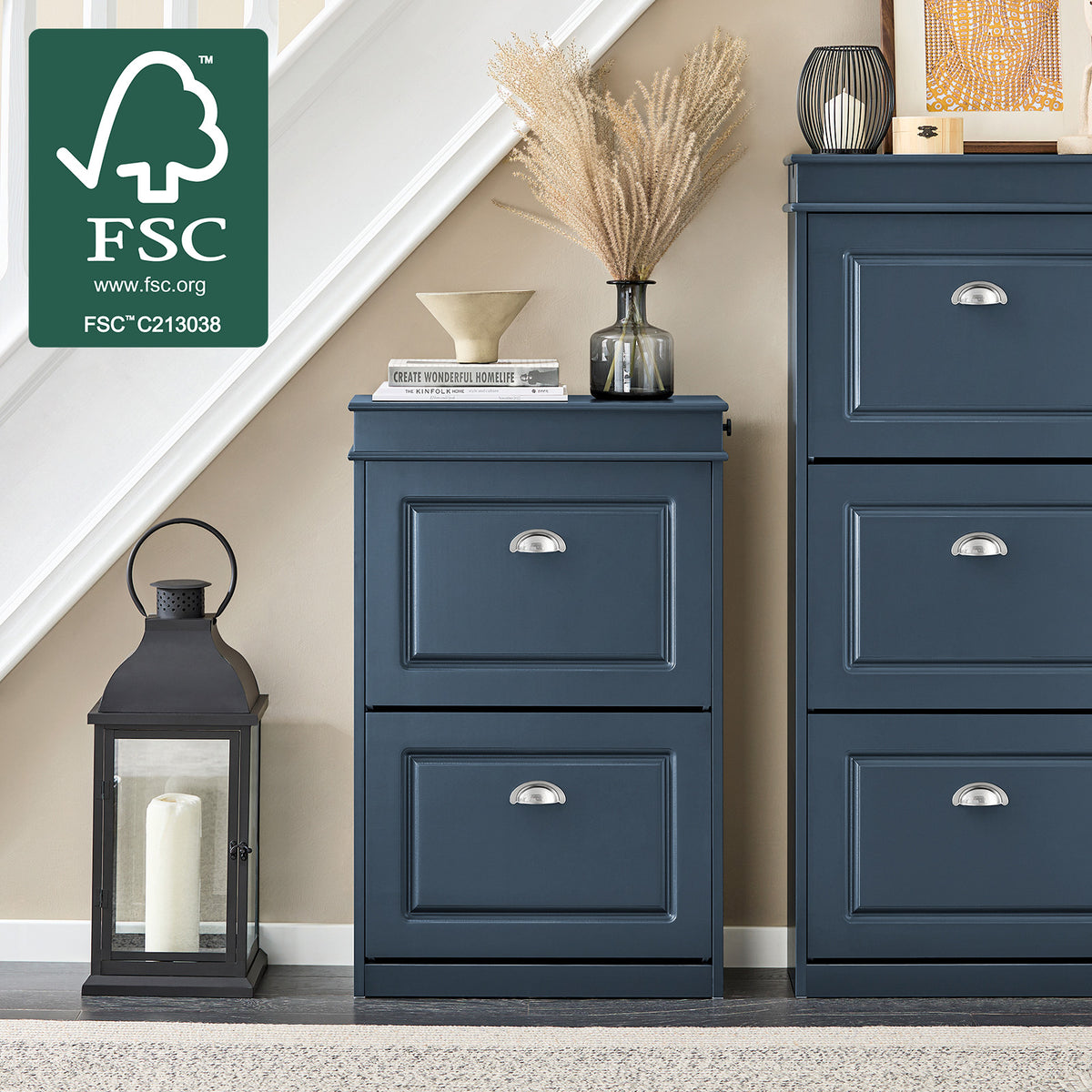 SoBuy FSR78-B Dulap de Pantofi cu 2 Uși Batante, Organizator 8 Perechi pentru Hol – 54x24x83 cm, Albastru