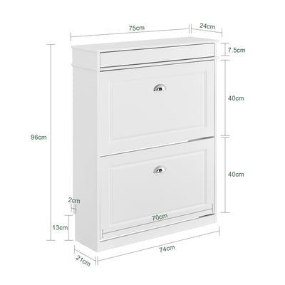 SoBuy FSR78-L-W Dulap de pantofi cu 2 uși rabatabile, depozitare 12 perechi, îngust 24cm pentru hol intrare – 75x24x96 cm, Alb