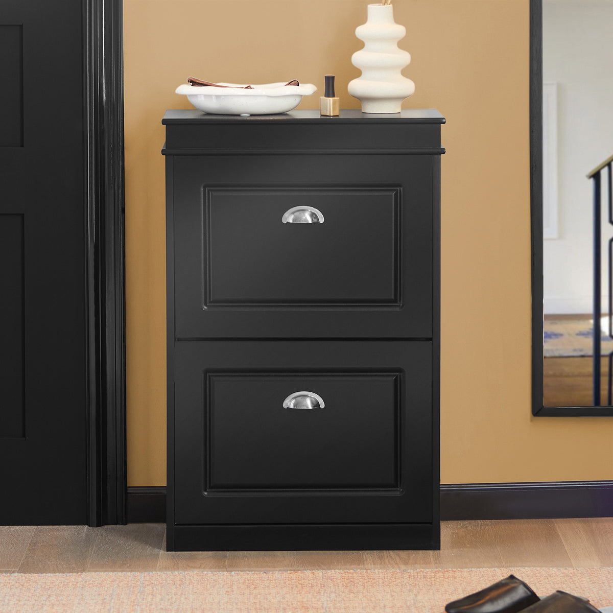 SoBuy FSR78-SCH Dulap pantofi cu 2 compartimente, Organizator încălțăminte pentru 8 perechi în hol/intrare – 54x24x83 cm, Negru