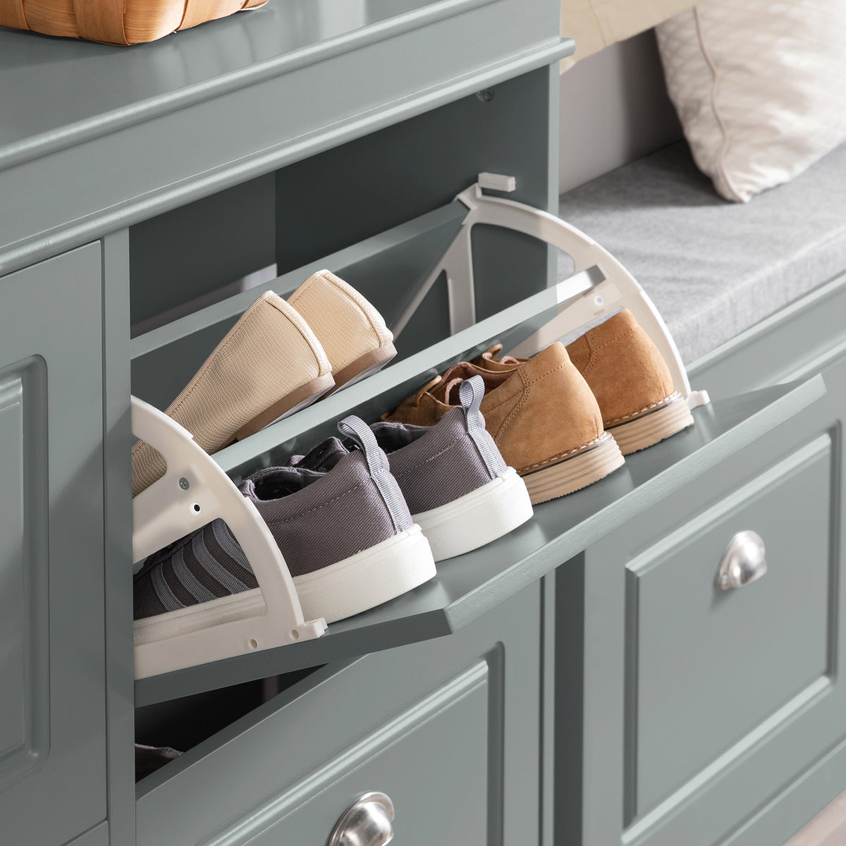 SoBuy FSR79-HG Dulap de pantofi cu 4 uși rabatabile, 16 perechi, certificat FSC®, subțire 24 cm – Gri