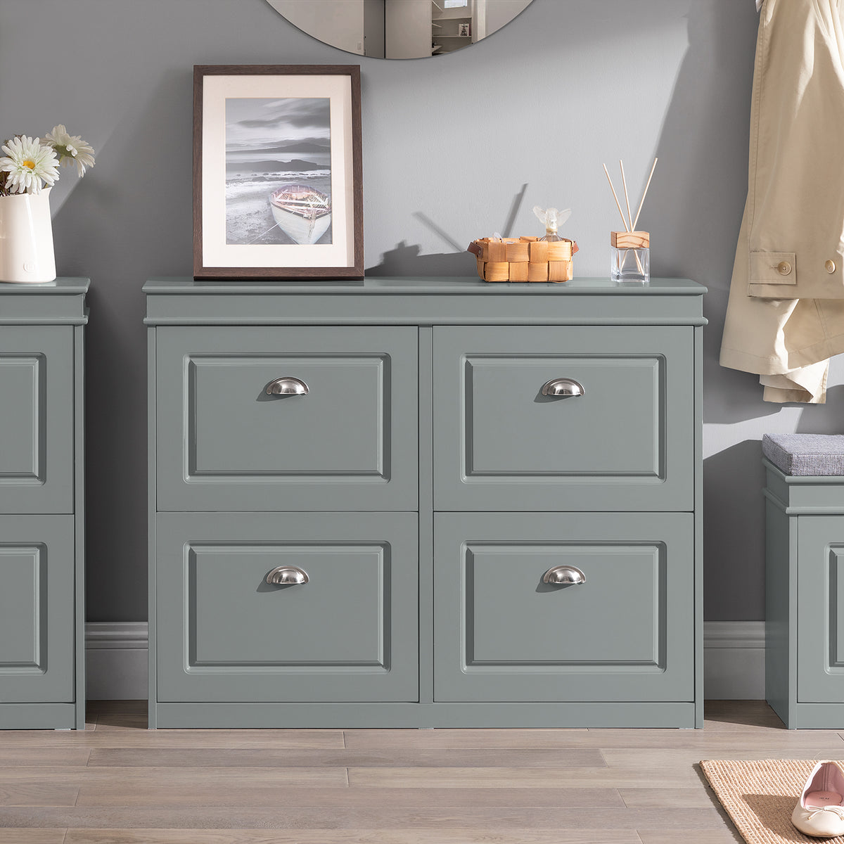 SoBuy Set FSR82-K-HG + FSR79-HG – Set Mobilier pentru Pantofi Gri, Bancă cu Pernă + Dulap 4 Sertare 16 Perechi, Depozitare Hol 2 Piese