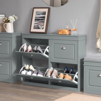 SoBuy FSR79-HG Dulap de pantofi cu 4 uși rabatabile, 16 perechi, certificat FSC®, subțire 24 cm – Gri