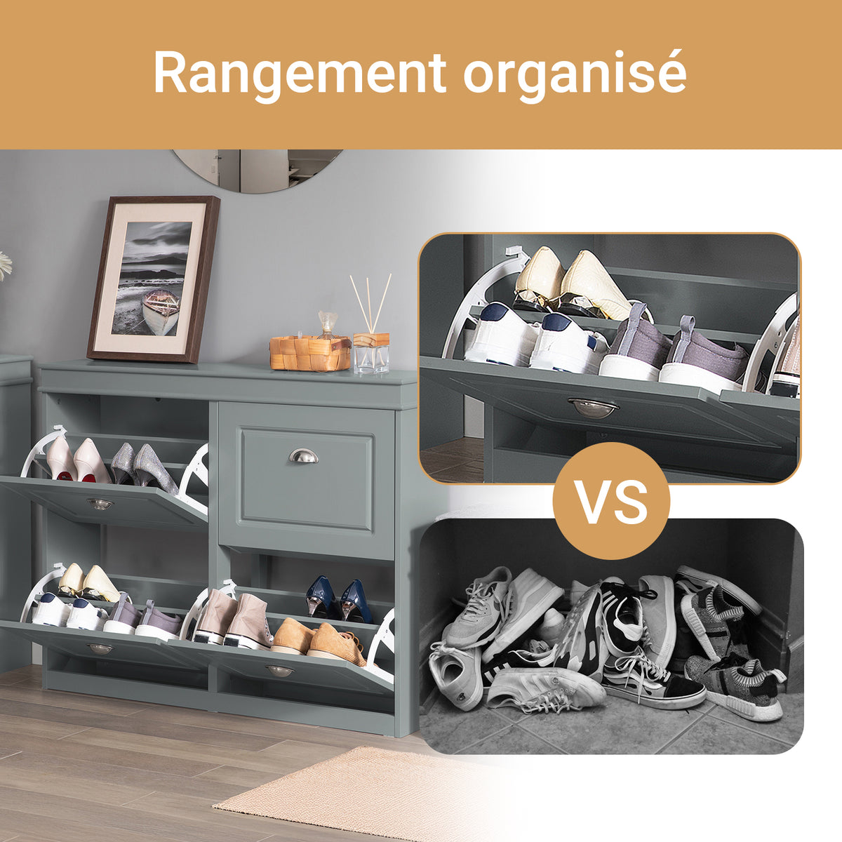 SoBuy FSR79-HG Dulap de pantofi cu 4 uși rabatabile, 16 perechi, certificat FSC®, subțire 24 cm – Gri