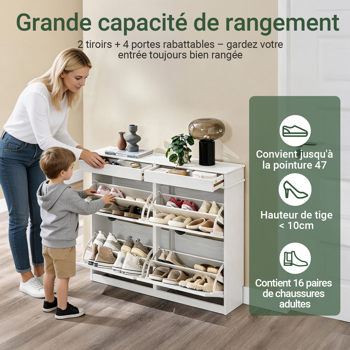 SoBuy FSR79-WG Dulap pentru Pantofi Slim 23 cm – 16 Perechi, 4 Sertare Rabatabile, Alb cu Efect Lemn Vechi