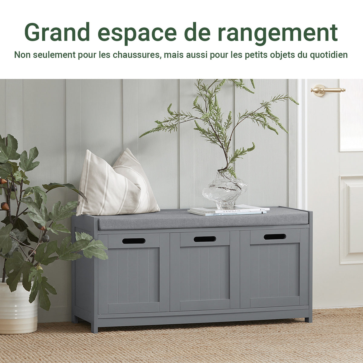 SoBuy FSR80-SG Banc pentru Pantofi cu Pernă Căptușită, 2 Uși și 1 Cub de Depozitare pentru Hol – 90x35x45 cm, Gri Argintiu