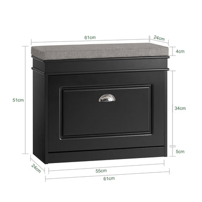 SoBuy FSR82-K-SCH Banc à Chaussures avec Coussin Rembourré et 1 Abattant, Slim 24cm pour Entrée – 60x24x51 cm, Noir