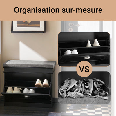SoBuy FSR82-K-SCH Banc à Chaussures avec Coussin Rembourré et 1 Abattant, Slim 24cm pour Entrée – 60x24x51 cm, Noir
