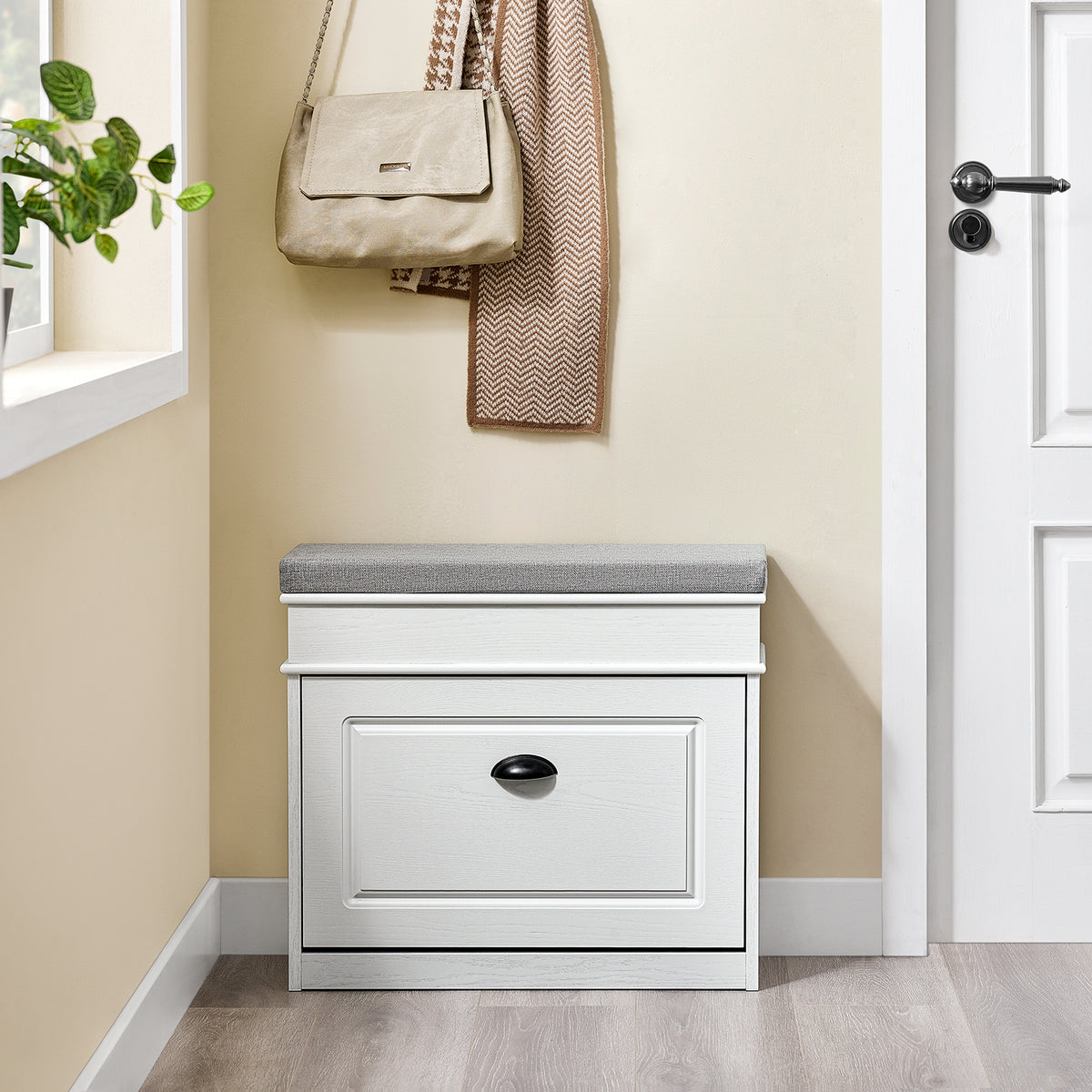 Pre-vânzare SoBuy FSR82-K-WG Bancă pentru pantofi cu pernă căptușită și 1 clapetă, Subțire 24cm pentru Intrare – 61x24x51 cm, Efect de lemn vechi alb