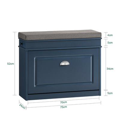 SoBuy FSR82-L-B Banc pentru încălțăminte 75cm – Pernă, 1 Rabatabil, Sertar, Cârlig, 150kg, FSC®, Subțire 24cm – Albastru
