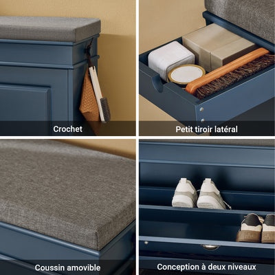 SoBuy FSR82-L-B Banc pentru încălțăminte 75cm – Pernă, 1 Rabatabil, Sertar, Cârlig, 150kg, FSC®, Subțire 24cm – Albastru