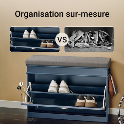 SoBuy FSR82-L-B Banc pentru încălțăminte 75cm – Pernă, 1 Rabatabil, Sertar, Cârlig, 150kg, FSC®, Subțire 24cm – Albastru