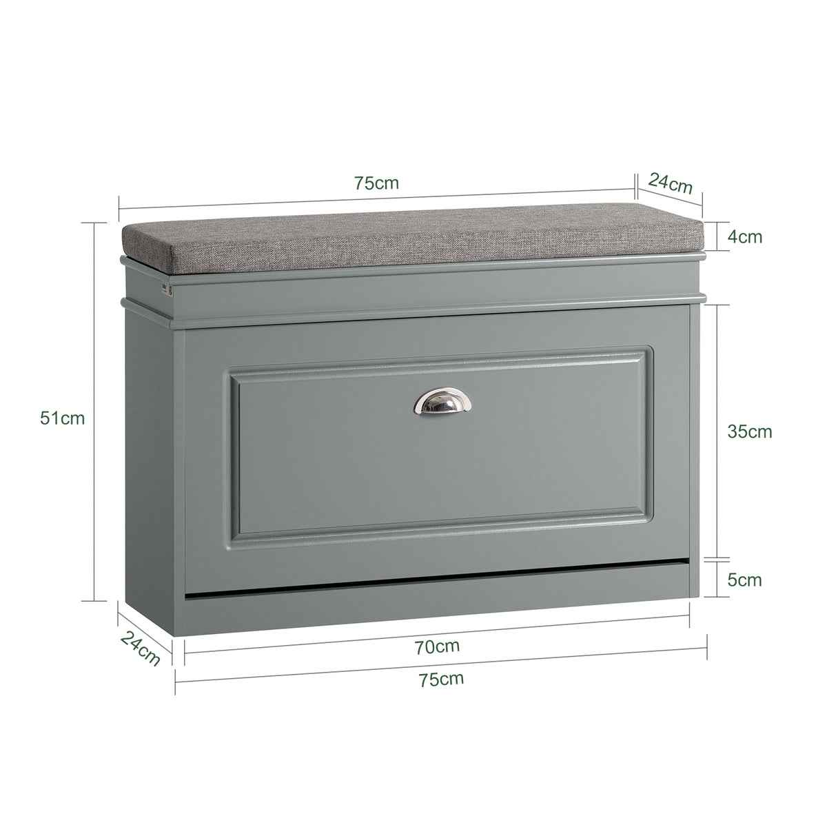 SoBuy FSR82-L-HG Banc pentru Pantofi cu Pernă Tapițată și 1 Compartiment Rabtabil, Subțire 24cm pentru Intrare – 75x24x51 cm, Gri