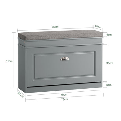 SoBuy FSR82-L-HG Banc pentru Pantofi cu Pernă Tapițată și 1 Compartiment Rabtabil, Subțire 24cm pentru Intrare – 75x24x51 cm, Gri