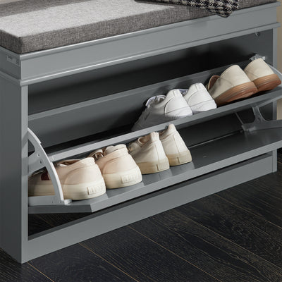SoBuy FSR82-L-HG Banc pentru Pantofi cu Pernă Tapițată și 1 Compartiment Rabtabil, Subțire 24cm pentru Intrare – 75x24x51 cm, Gri