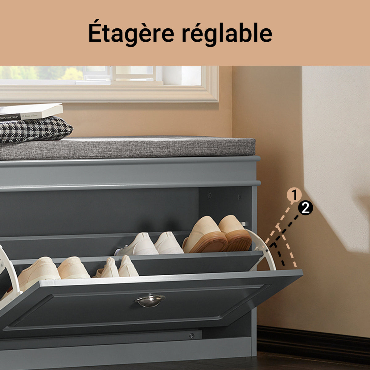 SoBuy FSR82-L-HG Banc pentru Pantofi cu Pernă Tapițată și 1 Compartiment Rabtabil, Subțire 24cm pentru Intrare – 75x24x51 cm, Gri