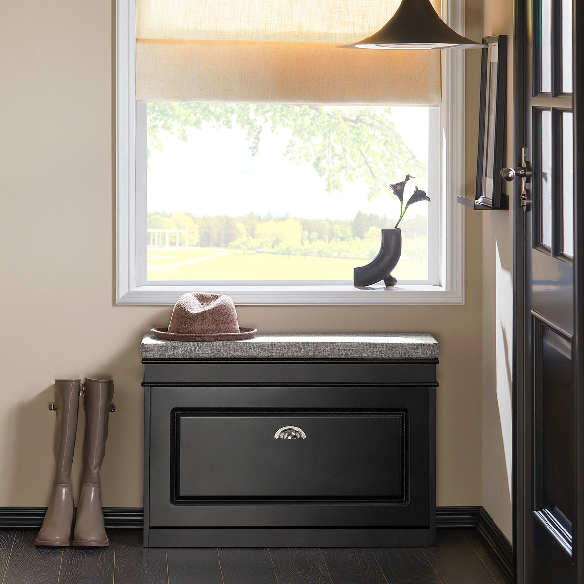 SoBuy FSR82-L-SCH Banc pentru Pantofi cu Pernă Căptușită și 1 Compartiment Rabtabil, Subțire 24 cm pentru Hol – 75x24x51 cm, Negru