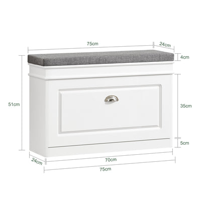 SoBuy FSR82-L-W Banc pentru Pantofi cu Pernă Tapițată și 1 Clapetă, Slim 24cm pentru Intrare – 75x24x51 cm, Alb