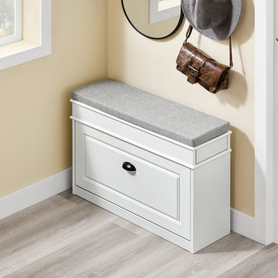 Banc à chaussures blanc, largeur de 24 cm, compact et pratique.