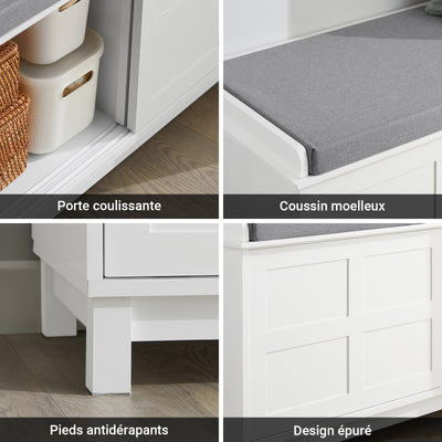 SoBuy FSR86-W Banc à Chaussures avec Coussin Rembourré et 2 Portes, Grande Capacité pour Entrée – 114x40x53 cm, Blanc