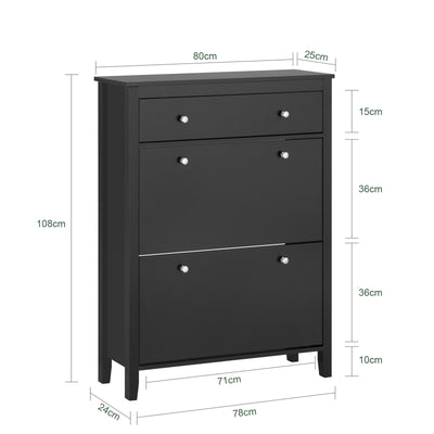 SoBuy FSR89-SCH Dulap de Pantofi cu 2 Uși Rabatanate și Sertar Mare, Raft pentru 12 Perechi în Hol/Intrare – 80x25x108 cm, Negru