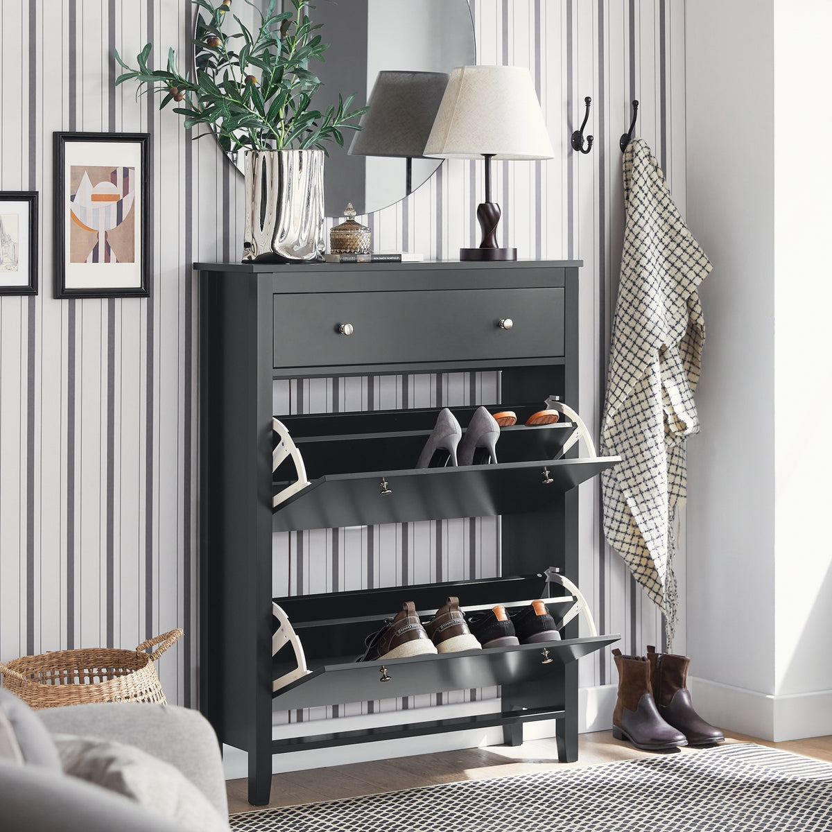 SoBuy FSR89-SCH Dulap de Pantofi cu 2 Uși Rabatanate și Sertar Mare, Raft pentru 12 Perechi în Hol/Intrare – 80x25x108 cm, Negru
