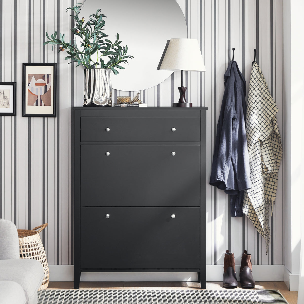 SoBuy FSR89-SCH Dulap de Pantofi cu 2 Uși Rabatanate și Sertar Mare, Raft pentru 12 Perechi în Hol/Intrare – 80x25x108 cm, Negru