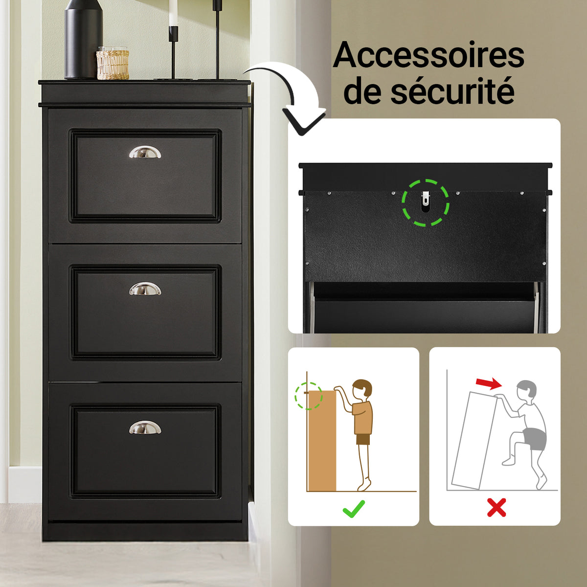 SoBuy FSR94-SCH Dulap pantofi cu 3 uși rabatabile, Suport 12 perechi pentru hol – 53x24x117 cm, Negru