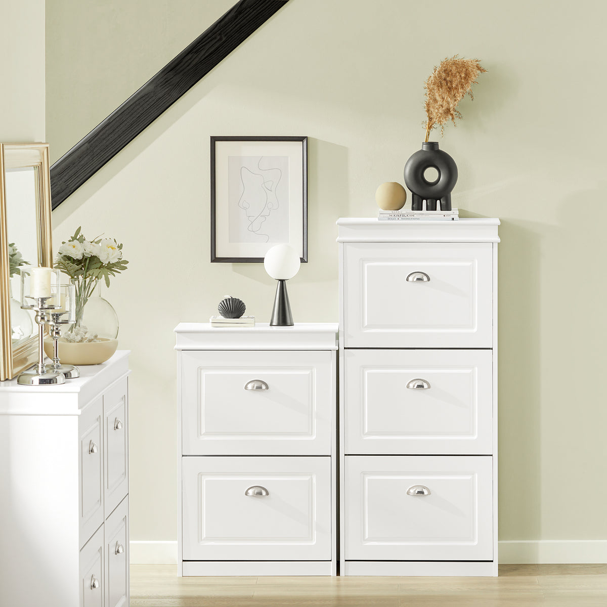 SoBuy Set Mobilier pentru încălțăminte Alb FSR94-W + FSR64-W – Dulap cu 3 Sertare Rabatatabile 12 Perechi & Banchetă pentru încălțăminte cu Spațiu de Depozitare și Pernă, Hol Îngust