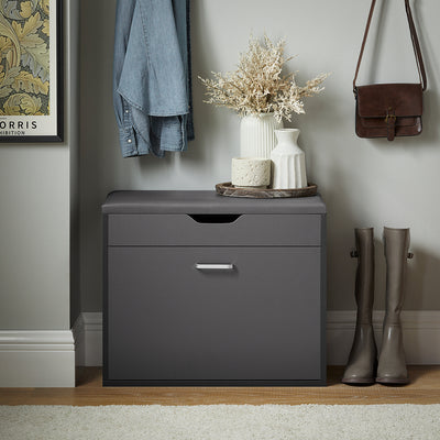 SoBuy FSR95-HG Banc à Chaussures avec Coussin Rembourré et 1 Abattant Rabattable, Charge 120 kg – 60x30x50 cm, Gris