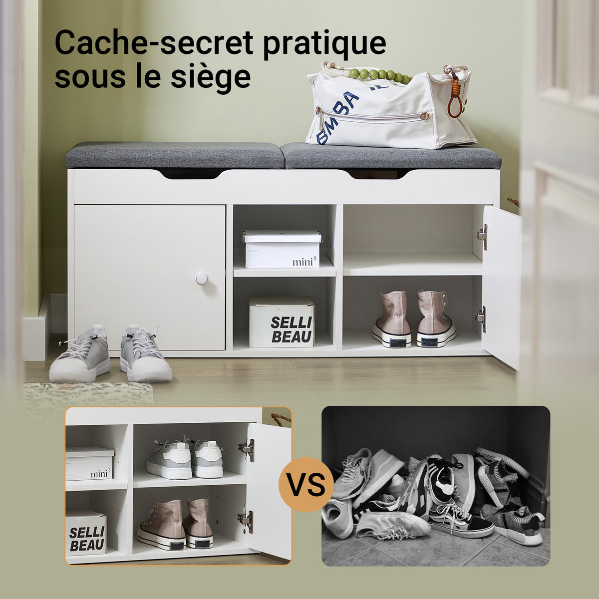 SoBuy FSR96-W Banc pentru Pantofi cu Pernă Căptușită, 2 Uși, 3 Rafturi Ajustabile – Organizator de Pantofi Modern pentru Mobilierul de Intrare – 150kg – Alb 100x34x47cm
