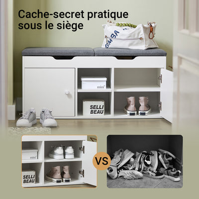 SoBuy FSR96-W Banc pentru Pantofi cu Pernă Căptușită, 2 Uși, 3 Rafturi Ajustabile – Organizator de Pantofi Modern pentru Mobilierul de Intrare – 150kg – Alb 100x34x47cm
