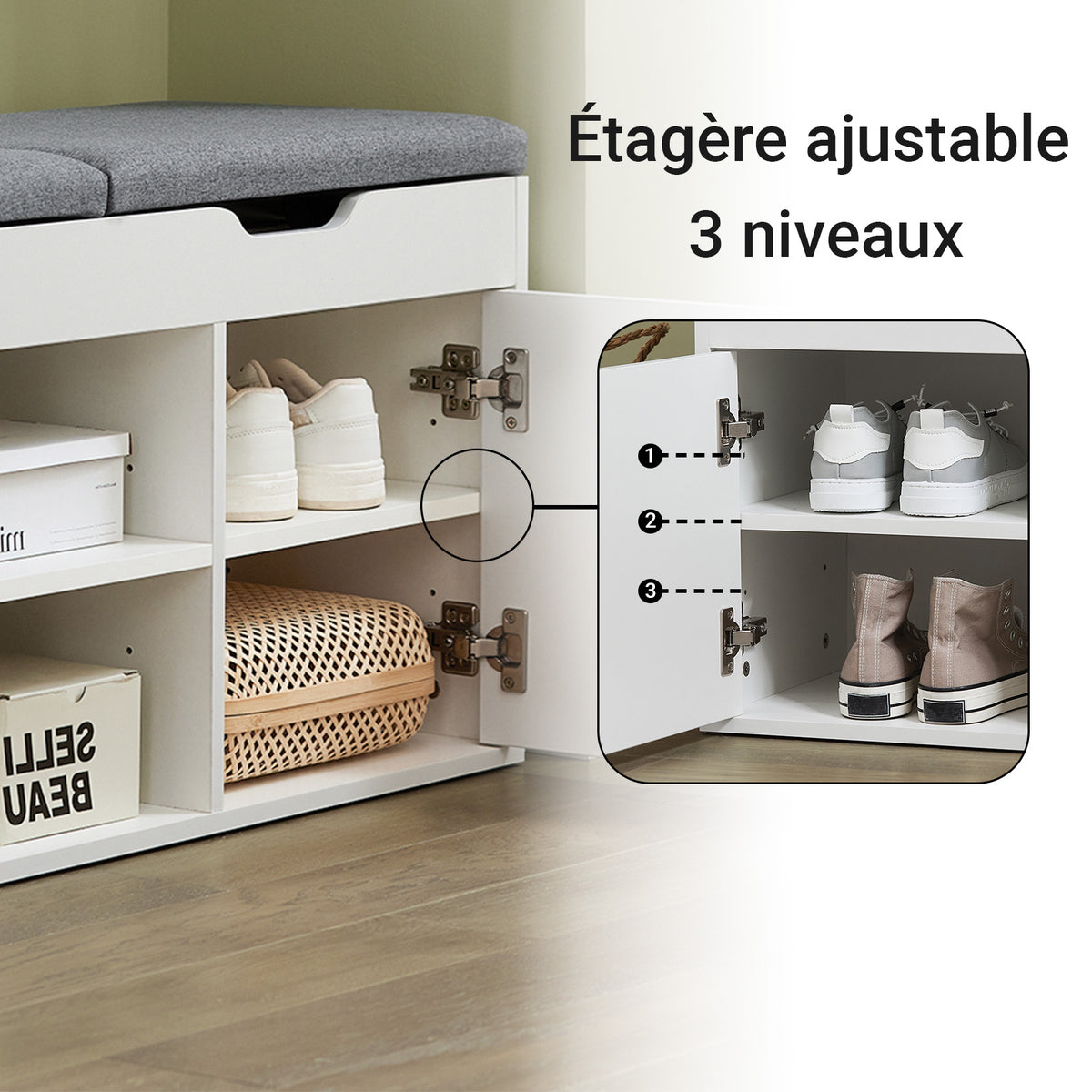SoBuy FSR96-W Banc pentru Pantofi cu Pernă Căptușită, 2 Uși, 3 Rafturi Ajustabile – Organizator de Pantofi Modern pentru Mobilierul de Intrare – 150kg – Alb 100x34x47cm