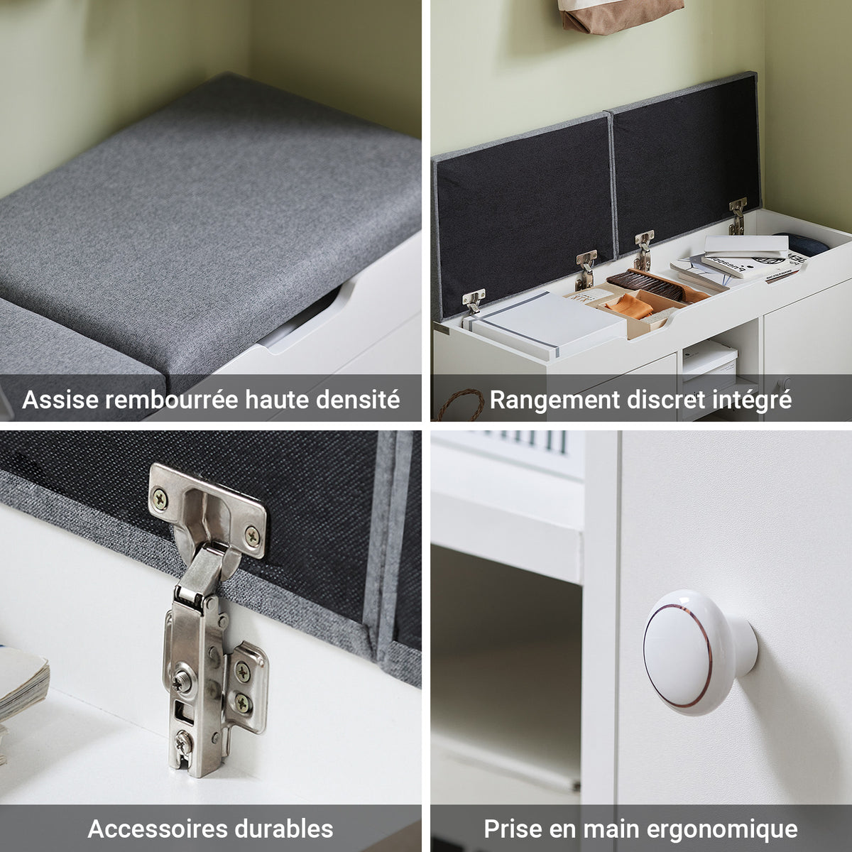 SoBuy FSR96-W Banc pentru Pantofi cu Pernă Căptușită, 2 Uși, 3 Rafturi Ajustabile – Organizator de Pantofi Modern pentru Mobilierul de Intrare – 150kg – Alb 100x34x47cm