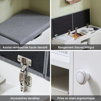 SoBuy FSR96-W Banc pentru Pantofi cu Pernă Căptușită, 2 Uși, 3 Rafturi Ajustabile – Organizator de Pantofi Modern pentru Mobilierul de Intrare – 150kg – Alb 100x34x47cm