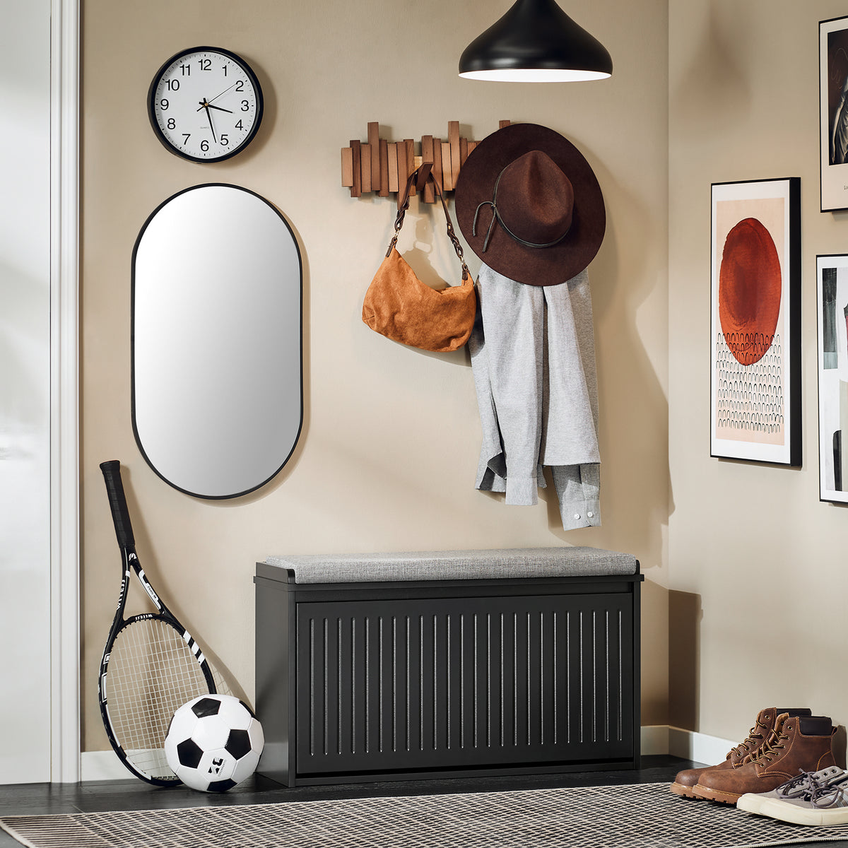 SoBuy FSR98-L-SCH Banc de Pantofi cu Pernă Căptușită și 1 Clapetă pentru Intrare Hol – 80x26x45 cm, Negru