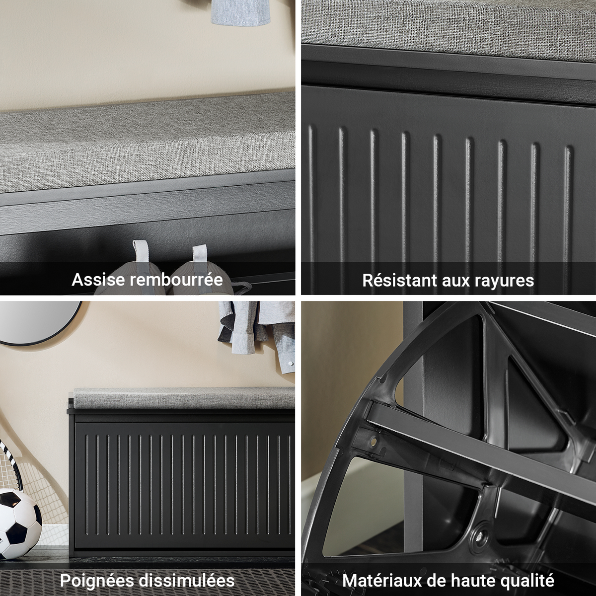 SoBuy FSR98-L-SCH Banc de Pantofi cu Pernă Căptușită și 1 Clapetă pentru Intrare Hol – 80x26x45 cm, Negru