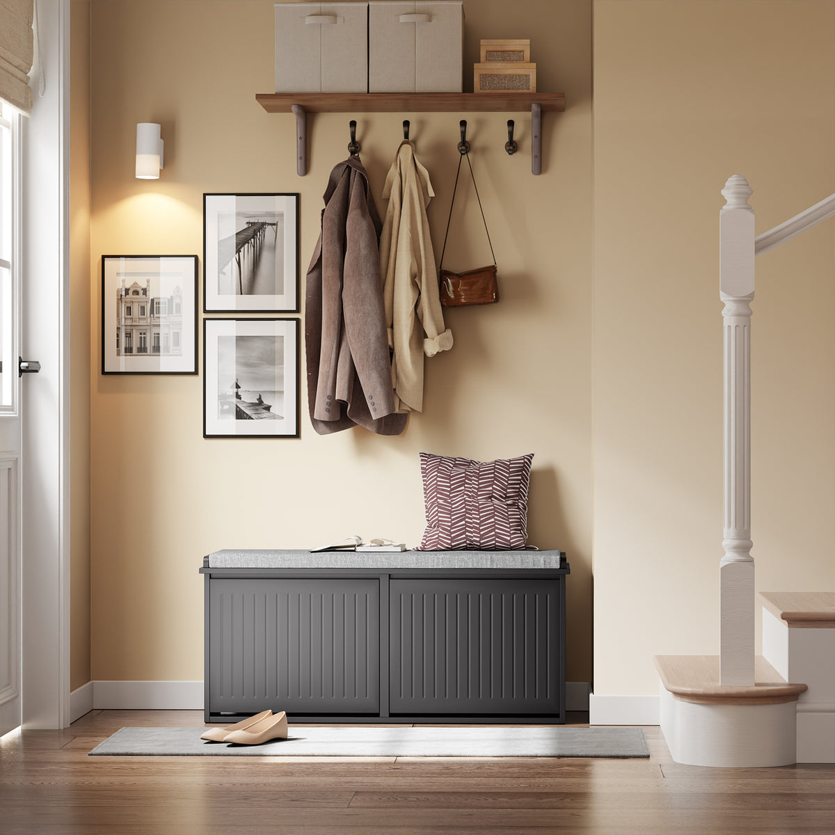 SoBuy FSR98-XL-SCH Banc pentru pantofi Intrare Dulap pantofi cu șezut tapițat și 2 uși rabatabile - Dulap de depozitare pantofi, L100 x A26 x H46 cm - Capacitate de încărcare 158 kg, Negru