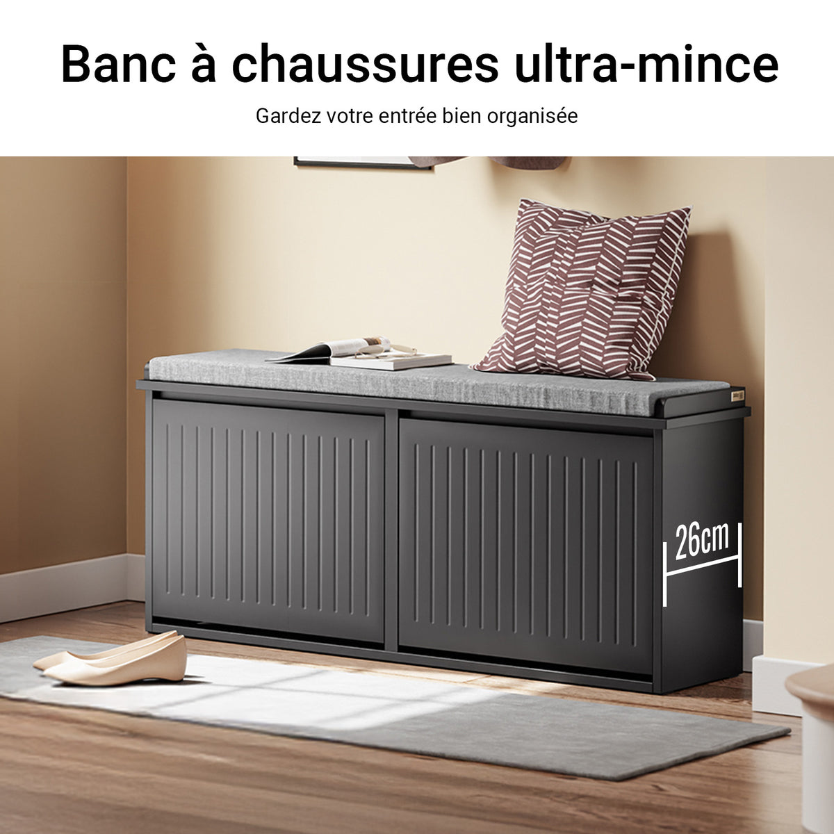 SoBuy FSR98-XL-SCH Banc pentru pantofi Intrare Dulap pantofi cu șezut tapițat și 2 uși rabatabile - Dulap de depozitare pantofi, L100 x A26 x H46 cm - Capacitate de încărcare 158 kg, Negru